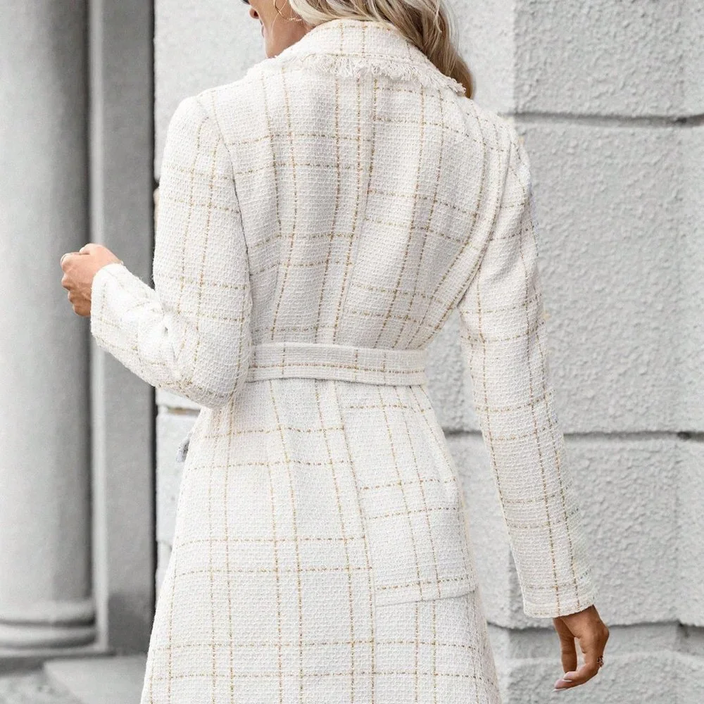 White Preppy Womens Plaid Pattern Raw Trim Double Breasted Belted Tweed Dress - Picture 2 of 5